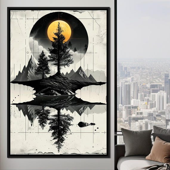 Solitudes Moonlit Reflection Tranquil Mountain Art Minimalist Nighttime Decor Black Yellow Wall Art Nature By Nichecanvas