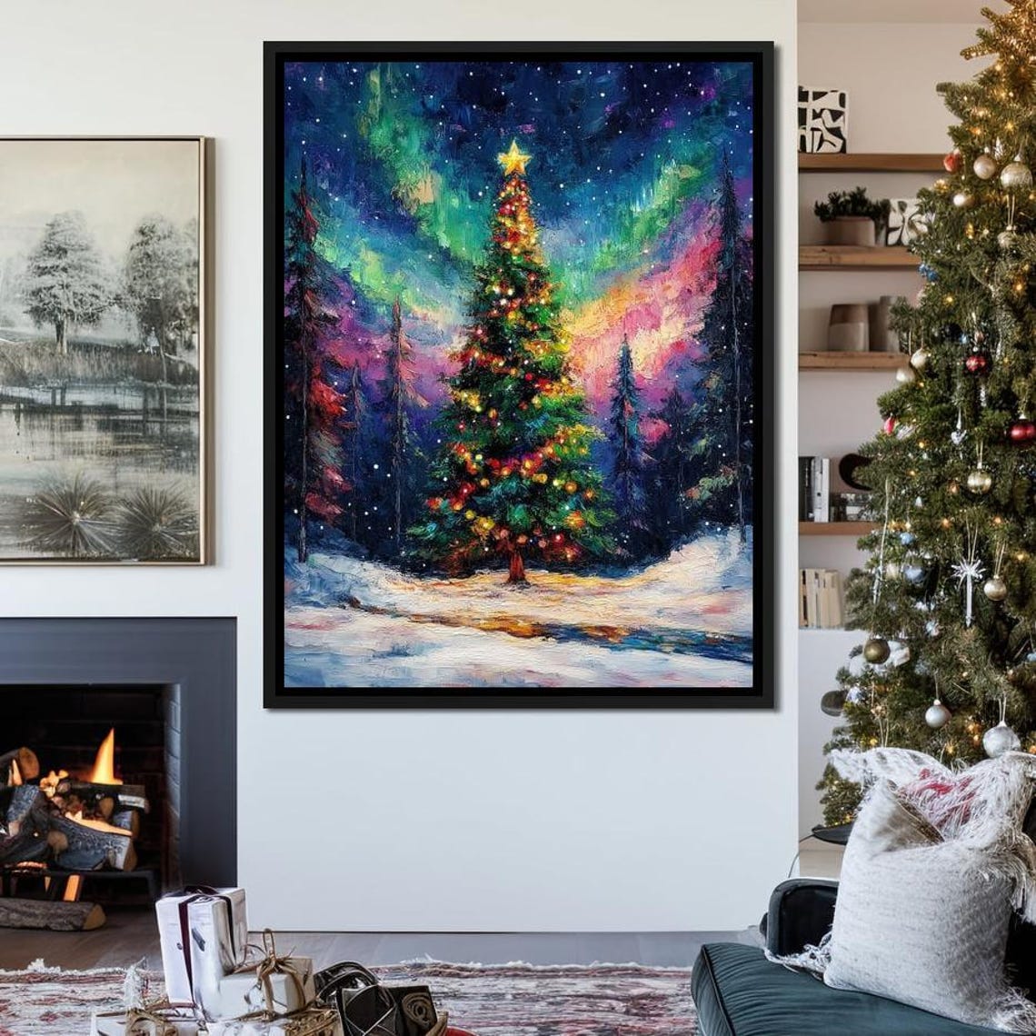 Christmas Tree Under Northern Lights Starry Winter Night Poster
