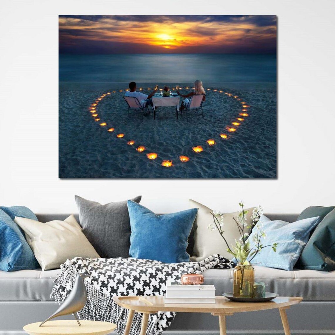 Romantic Beach Dinner At Sunset Couple In Heart Of Candles Art Poster - Image 3