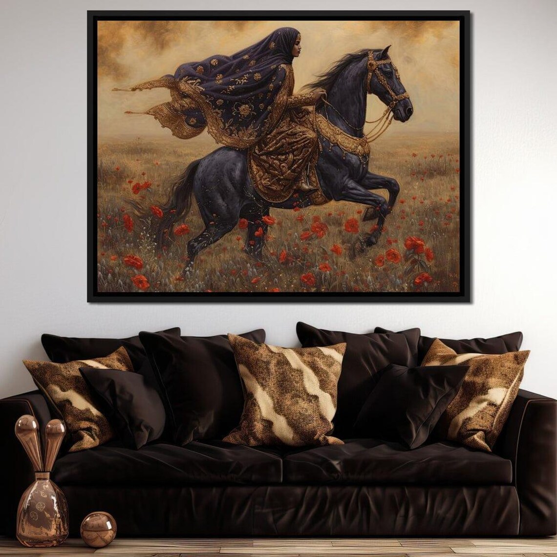 Poppy Field Rider Woman On Black Horse Golden Haze Equestrian Poster