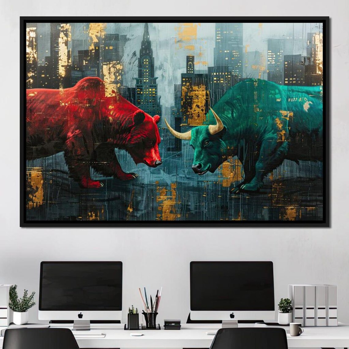 Bear Versus Bull Night City Finance Clash Golden Artwork Poster - Image 3