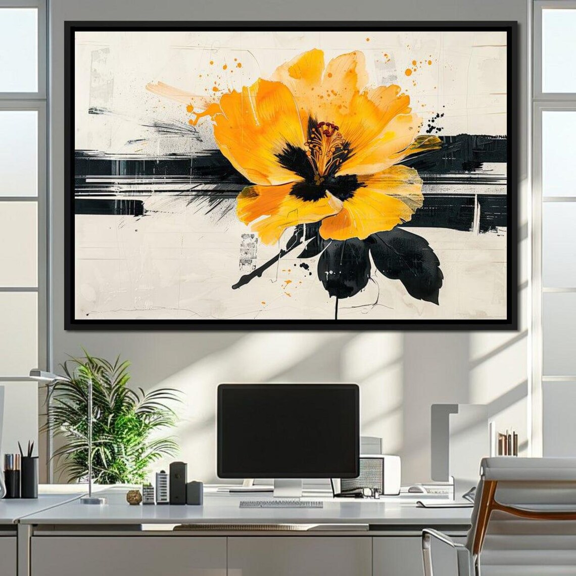 Golden Yellow Flower Black White Brushstroke Abstract Wall Art Print