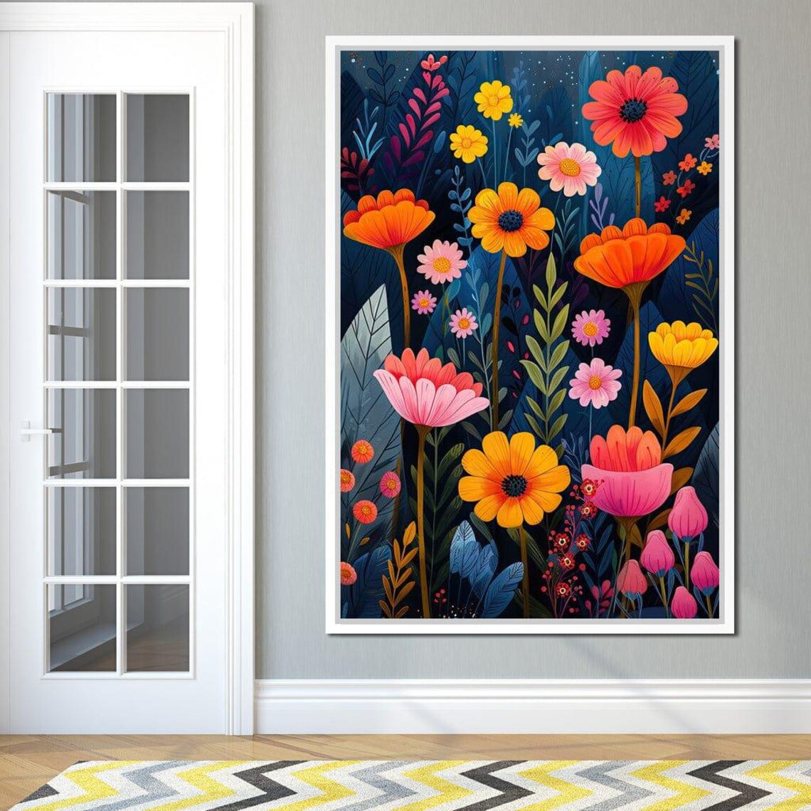 Colorful Wildflowers Moonlit Navy Night Botanical Meadow Wall Art - Image 3