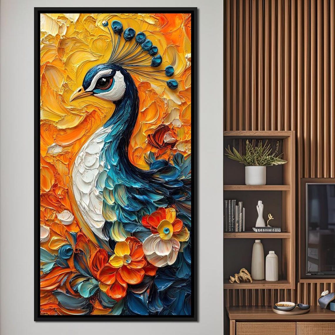 Peacock Impasto Vibrant Orange Blue Floral Textured Modern Art Poster