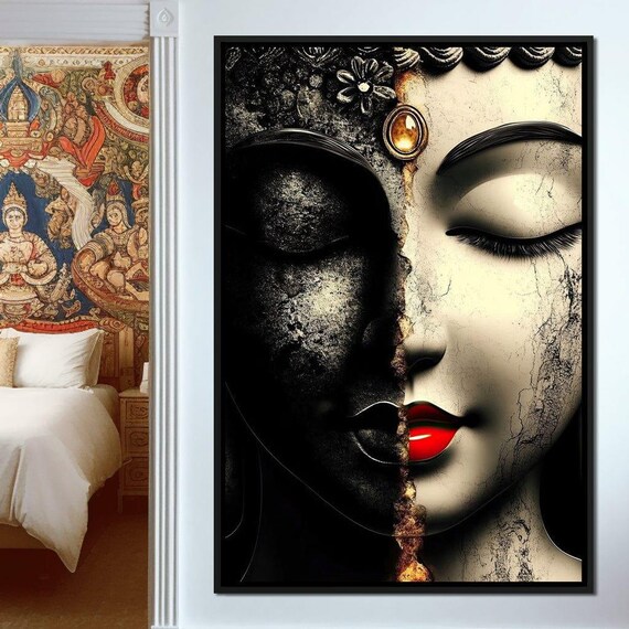 Buddha Zen Split Face Duality Serenity Black Gold Spiritual Art Poster
