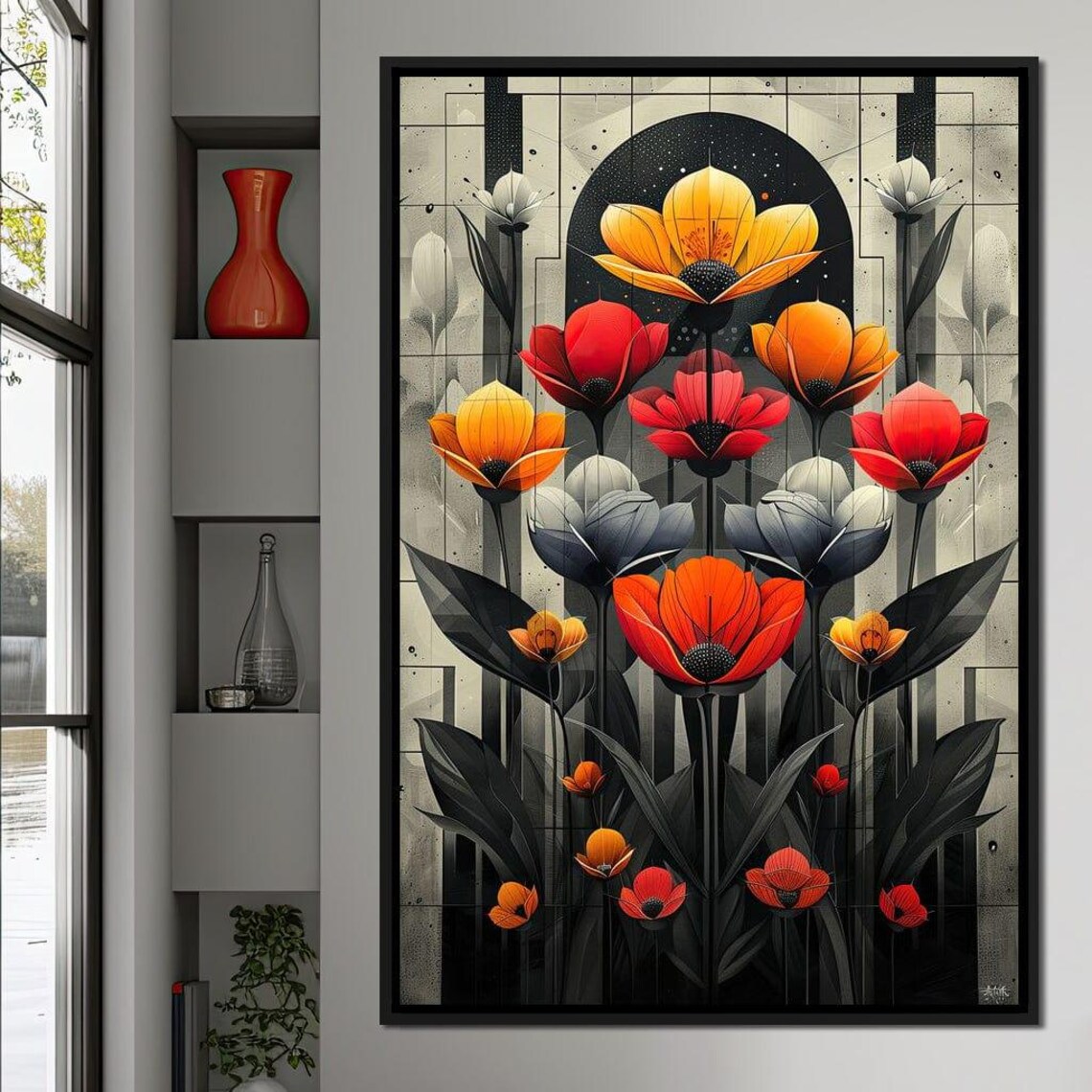 Vibrant Poppies Art Deco Floral Red Orange Gold Dark Wall Art
