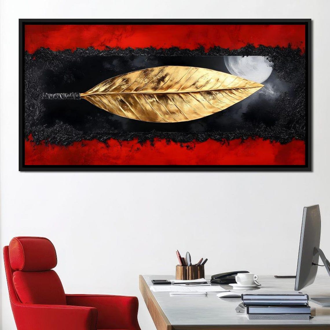 Golden Leaf Feather on Black and Red with Moon Night Sky Poster - Image 3