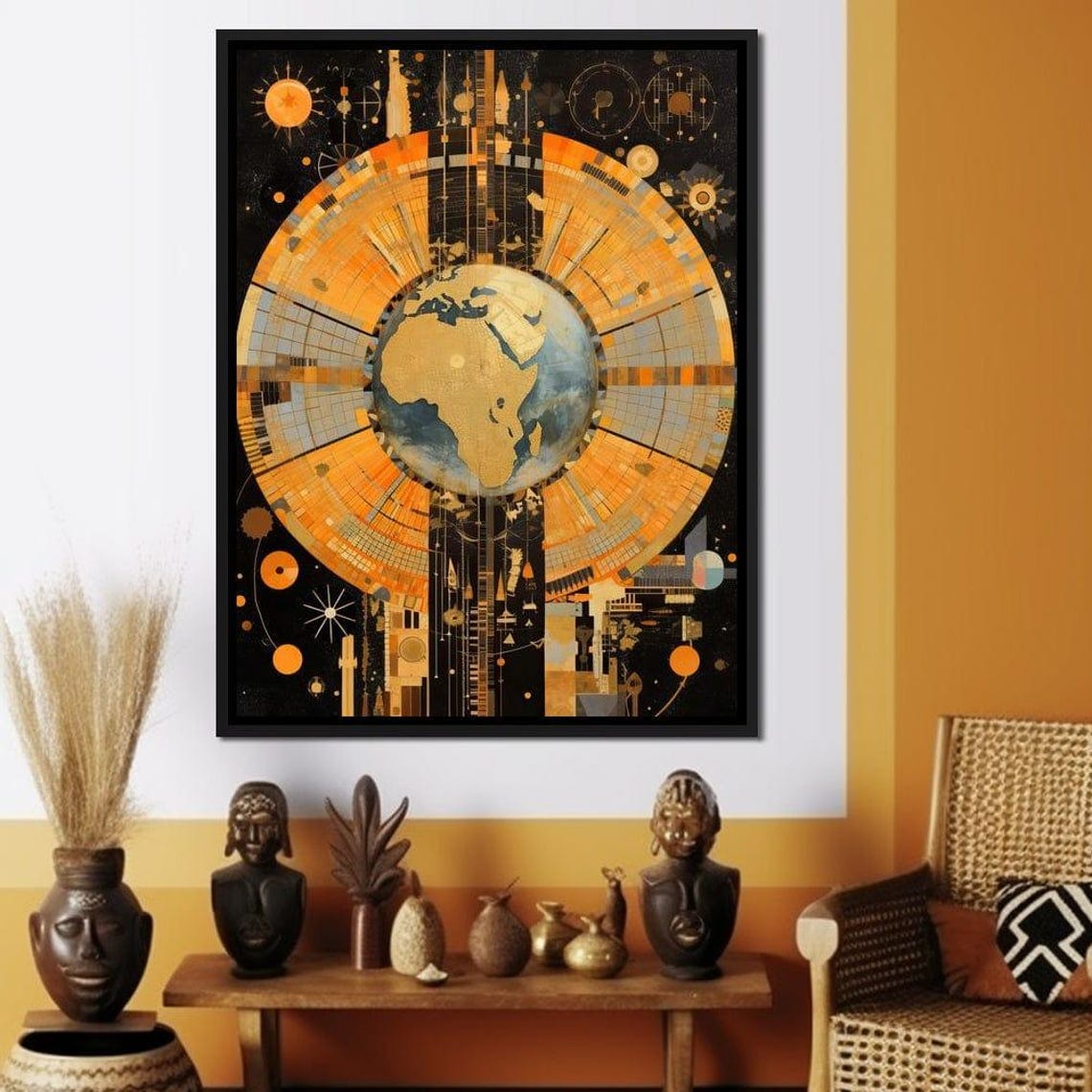 Earth Globe Golden Africa Celestial Black Orange Astronomy Map Poster