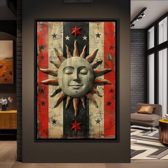Sunrise Symphony On Stripes Sun Wall Art Modern Home Decor Star Motif Red Black Vertical Artwork Unique Design By Nichecanvas