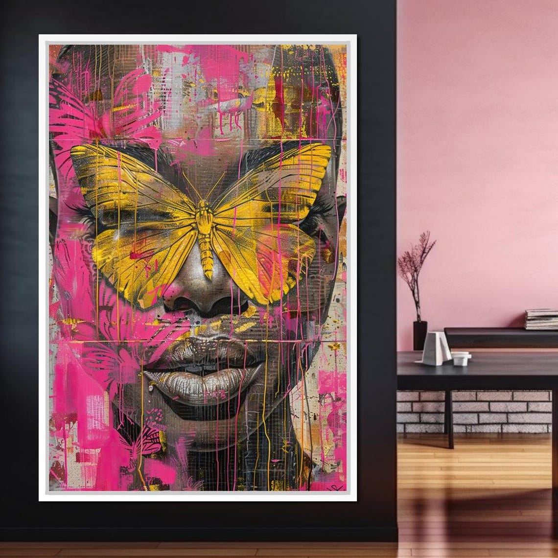 Yellow Butterfly Mask Woman Pink Paint Drip Graffiti Portrait Poster - Image 2