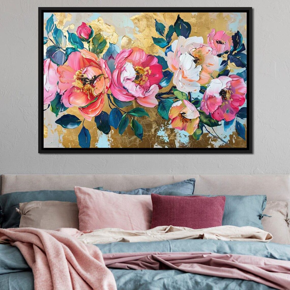 Golden Pink Peonies Gold Leaf Floral Painting Lush Blooms Wall Art - Image 3