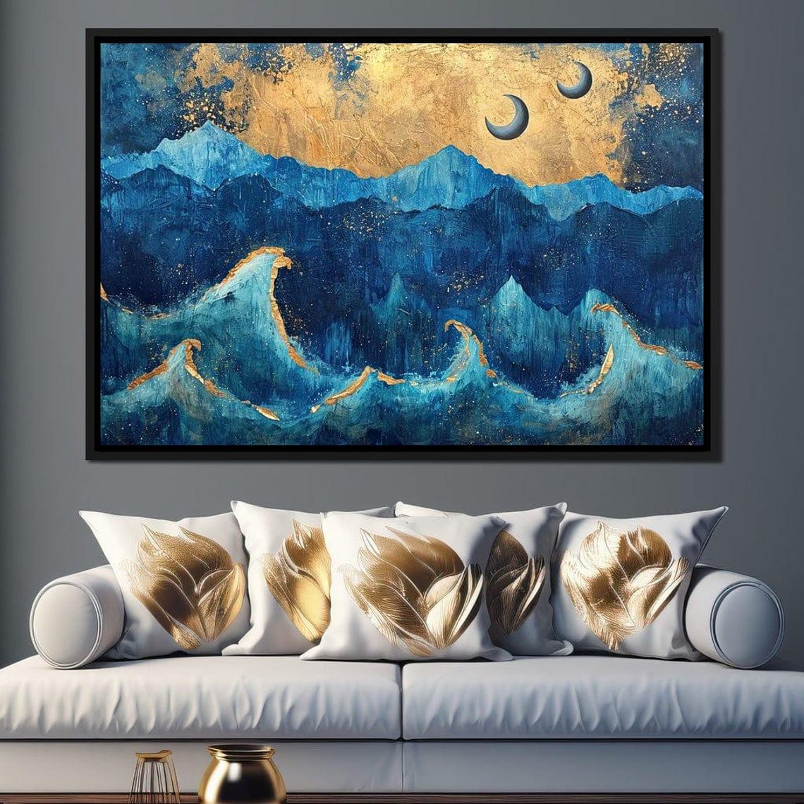 Twin Moons Over Azure Peaks Abstract Landscape Blue Tones Majestic Night Sky Art Celestial Wall Decor By Nichecanvas - Image 3