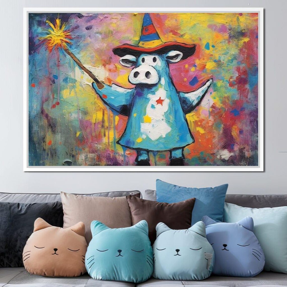 Whimsical Wizard Cow Magic Wand Colorful Fantasy Kids Wall Art