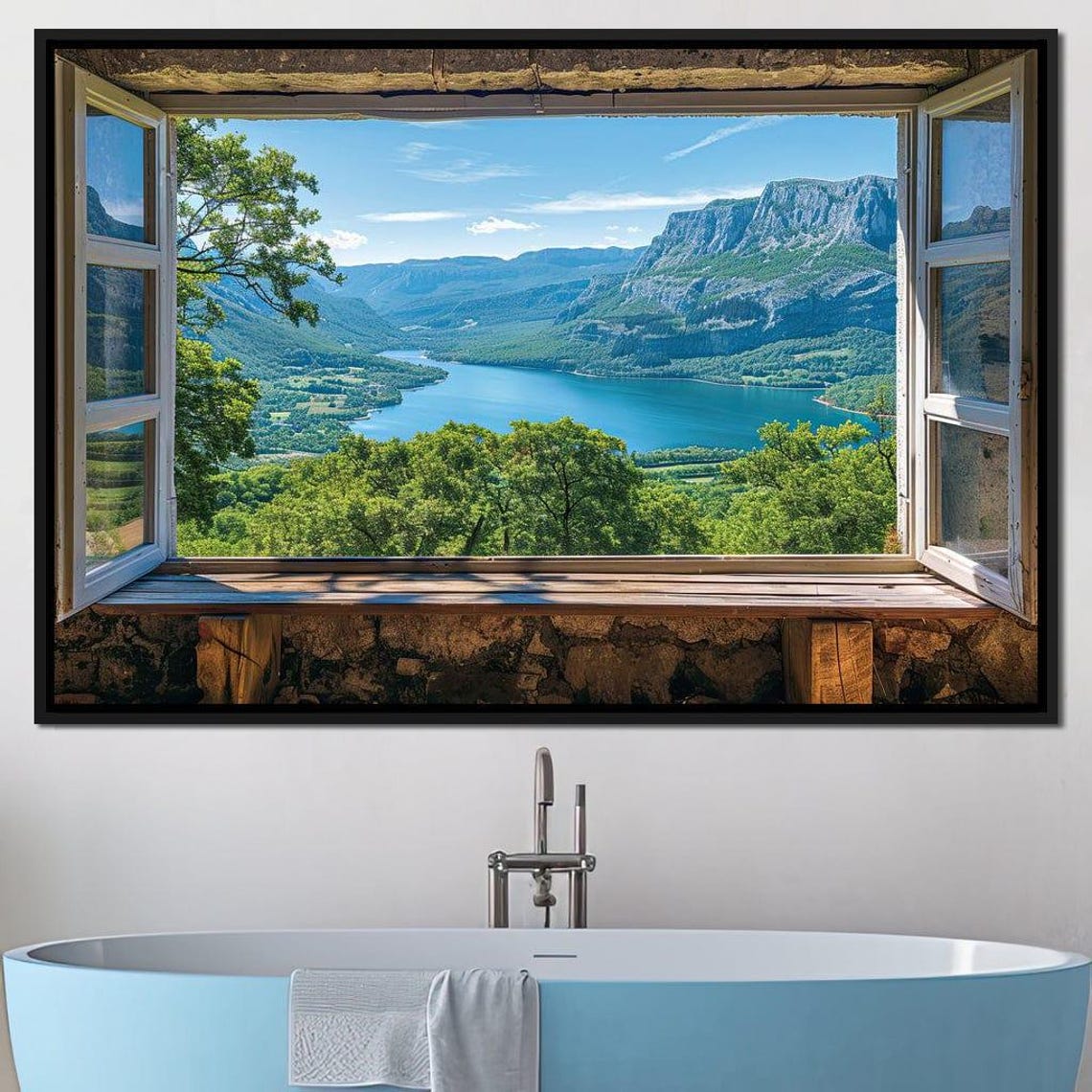 Open Window View Mountain Lake Serene Scenic Landscape Poster - Image 2