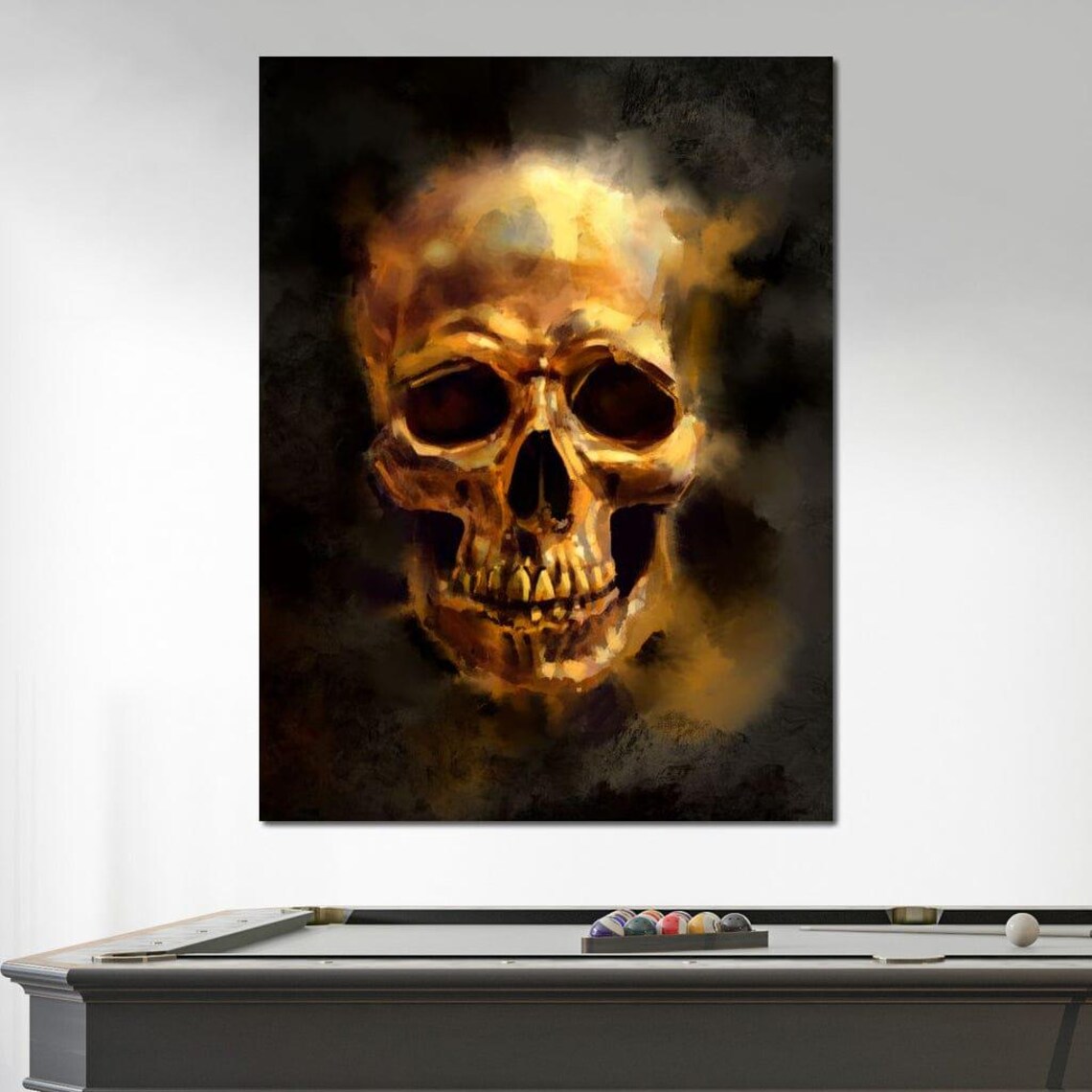 Golden Skull Black Smoky Background Gothic Dark Wall Art Poster - Image 3