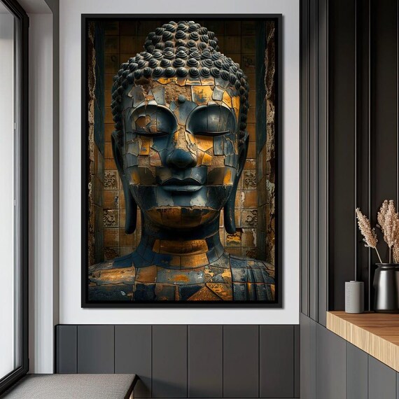 Golden Buddha Statue Mosaic Zen Meditation Spiritual Home Decor Poster