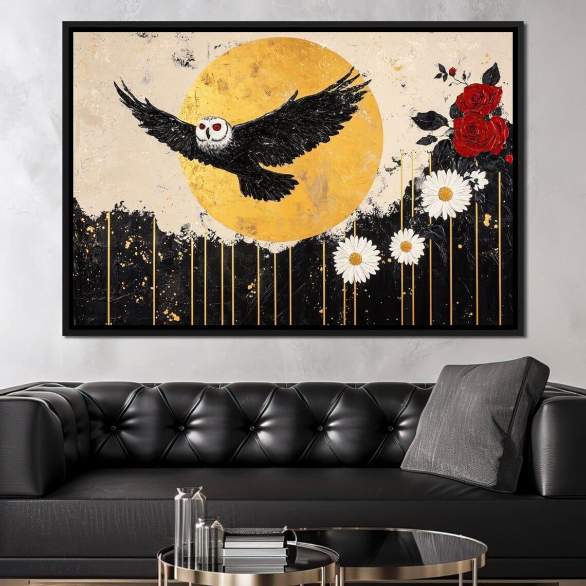 Black Barn Owl Flying Under Golden Moon Roses Daisies Art Poster - Image 2