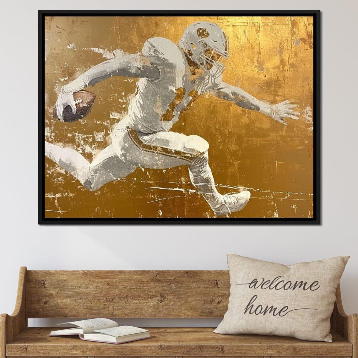 Football Player Running Ball Gold White Textured Dynamic Sports Print - Image 2