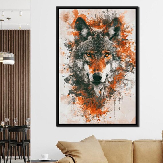 Wolf Gaze Majestic Portrait Orange Splatter Wildlife Art Poster