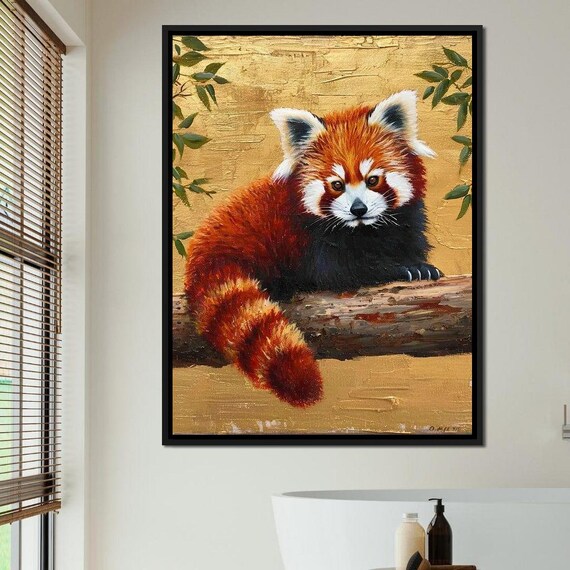 Red Panda Resting On Branch Golden Background Wildlife Art Print
