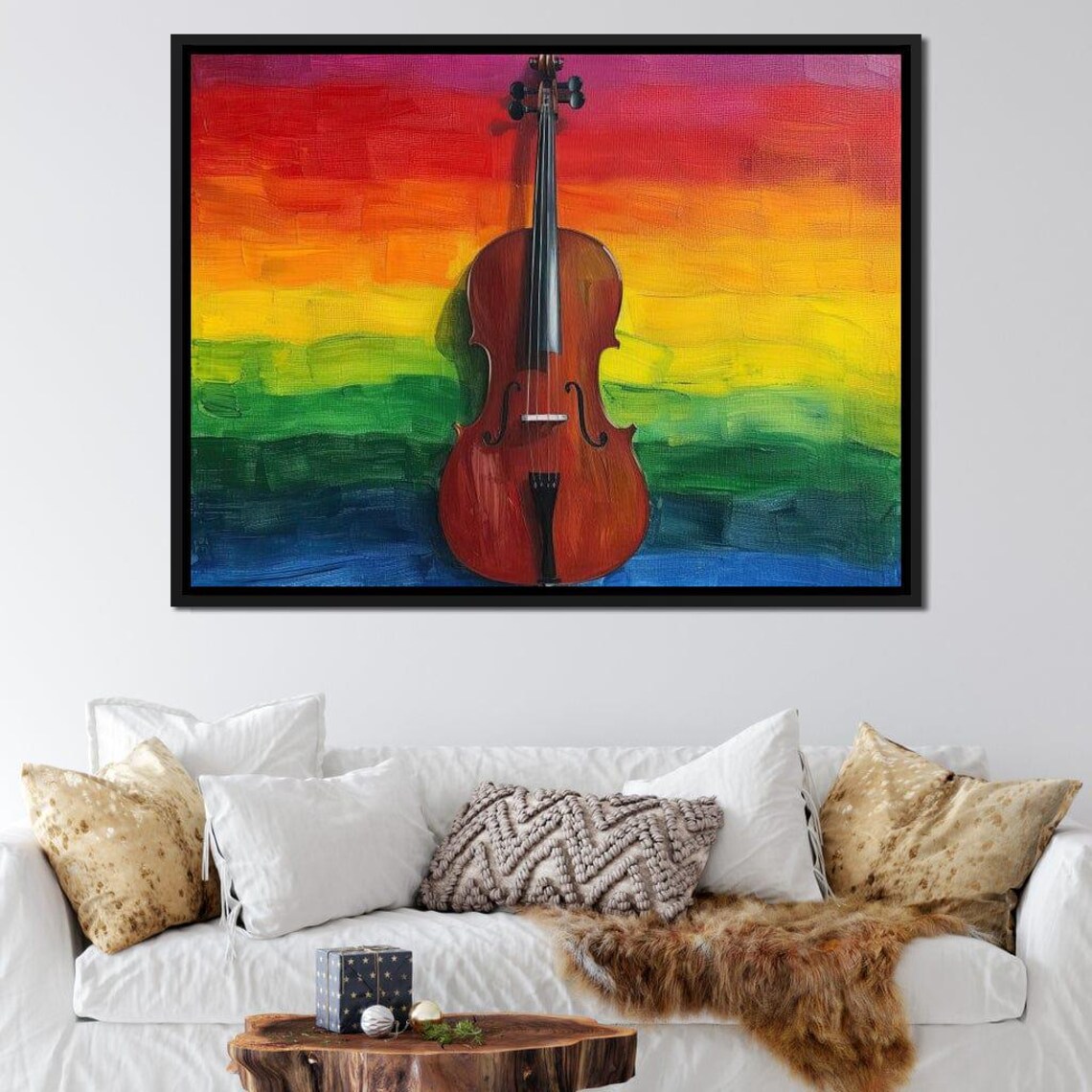 Violin Against Rainbow Bright Colorful Musical Instrument Wall Art - Image 2