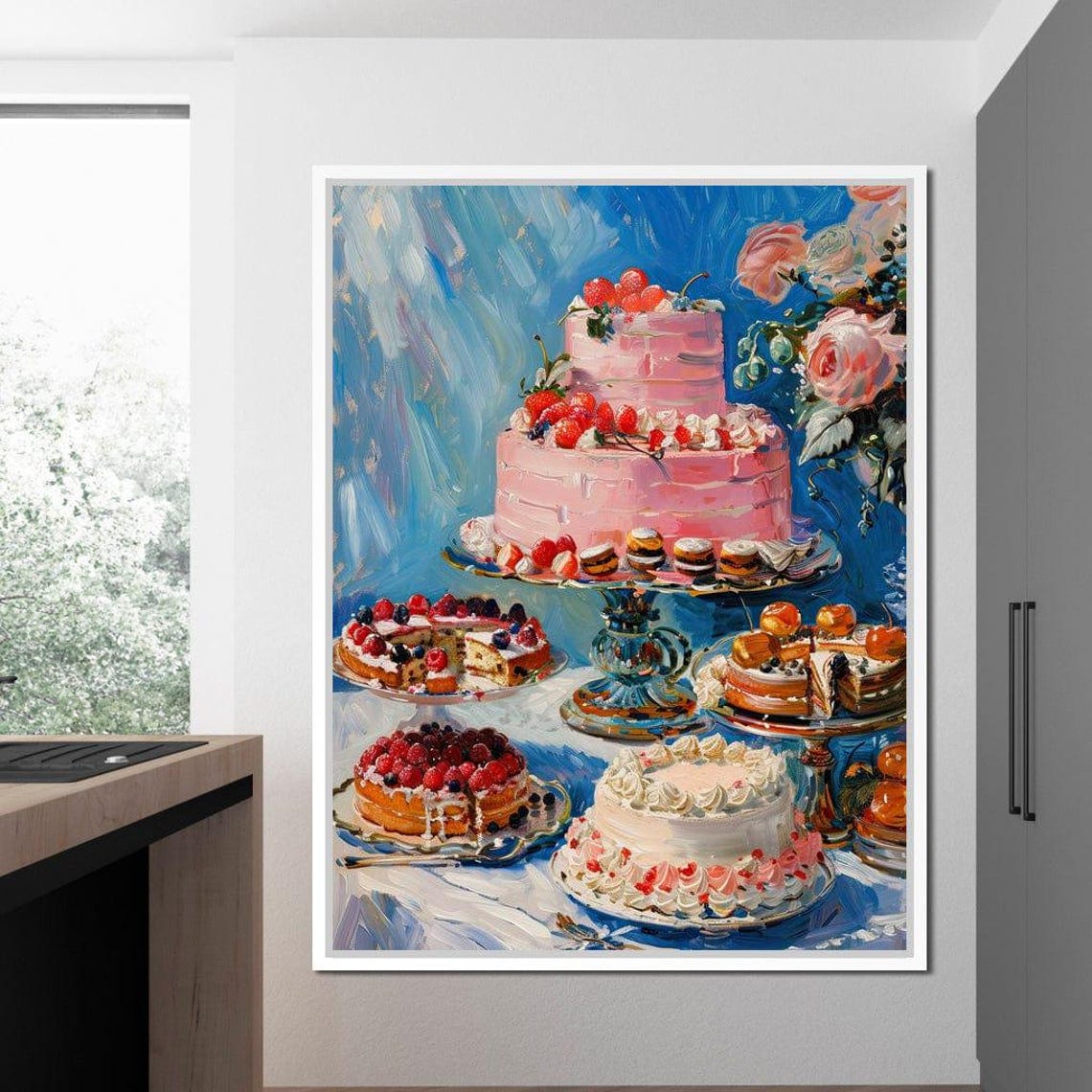 Pink Berry Cakes Dessert Still Life Painting Blue Kitchen Wall Art - Image 4