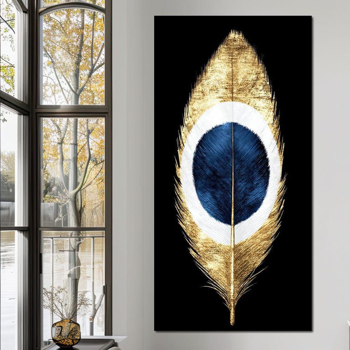 Gold And Navy Peacock Feather On Black Background Elegant Wall Art - Image 4