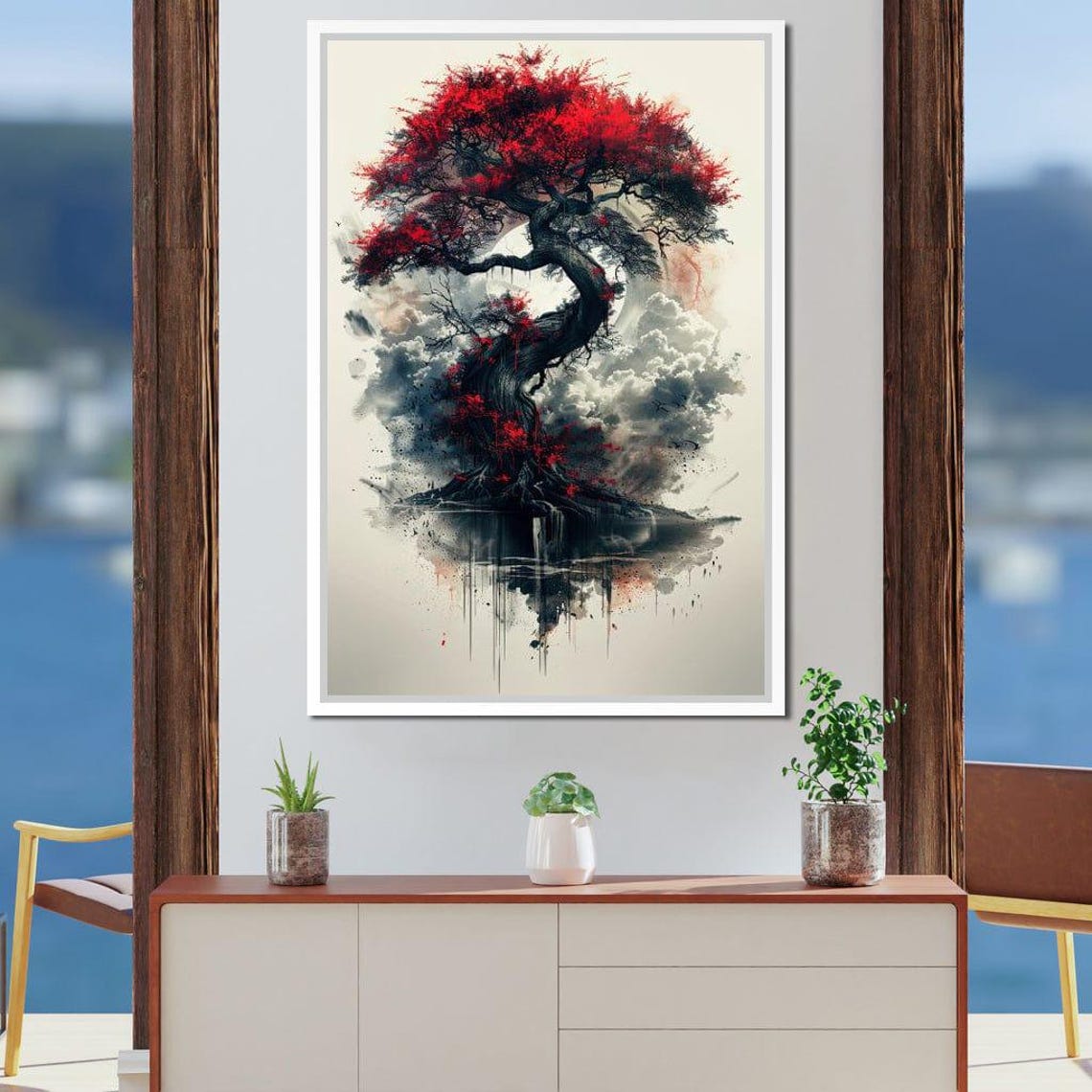 Red Japanese Maple Tree Ink Painting Mist Reflection Zen Wall Art - Image 2