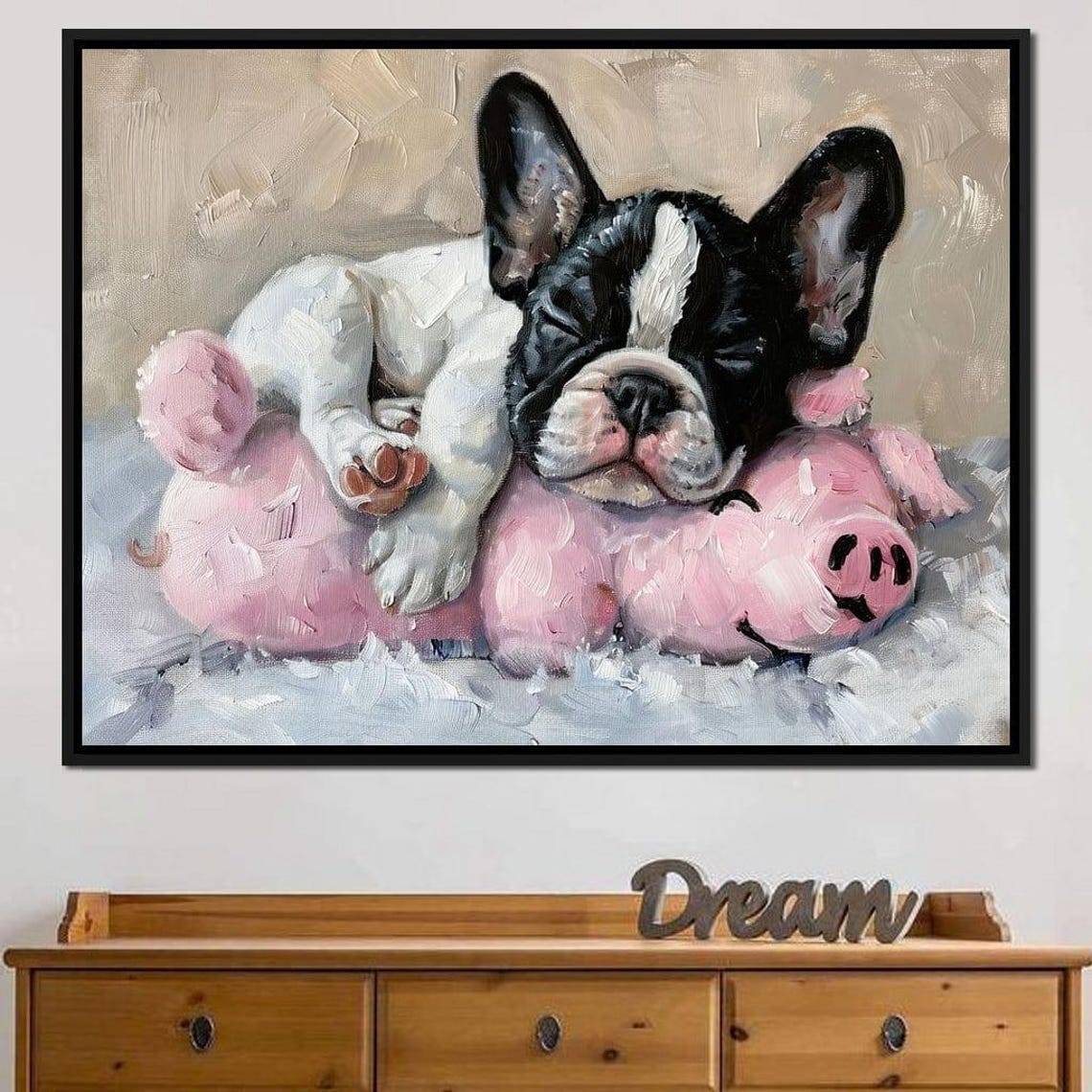 Sleeping Bulldog Puppy Cuddling Pink Plush Pig Cute Pet Nursery Poster