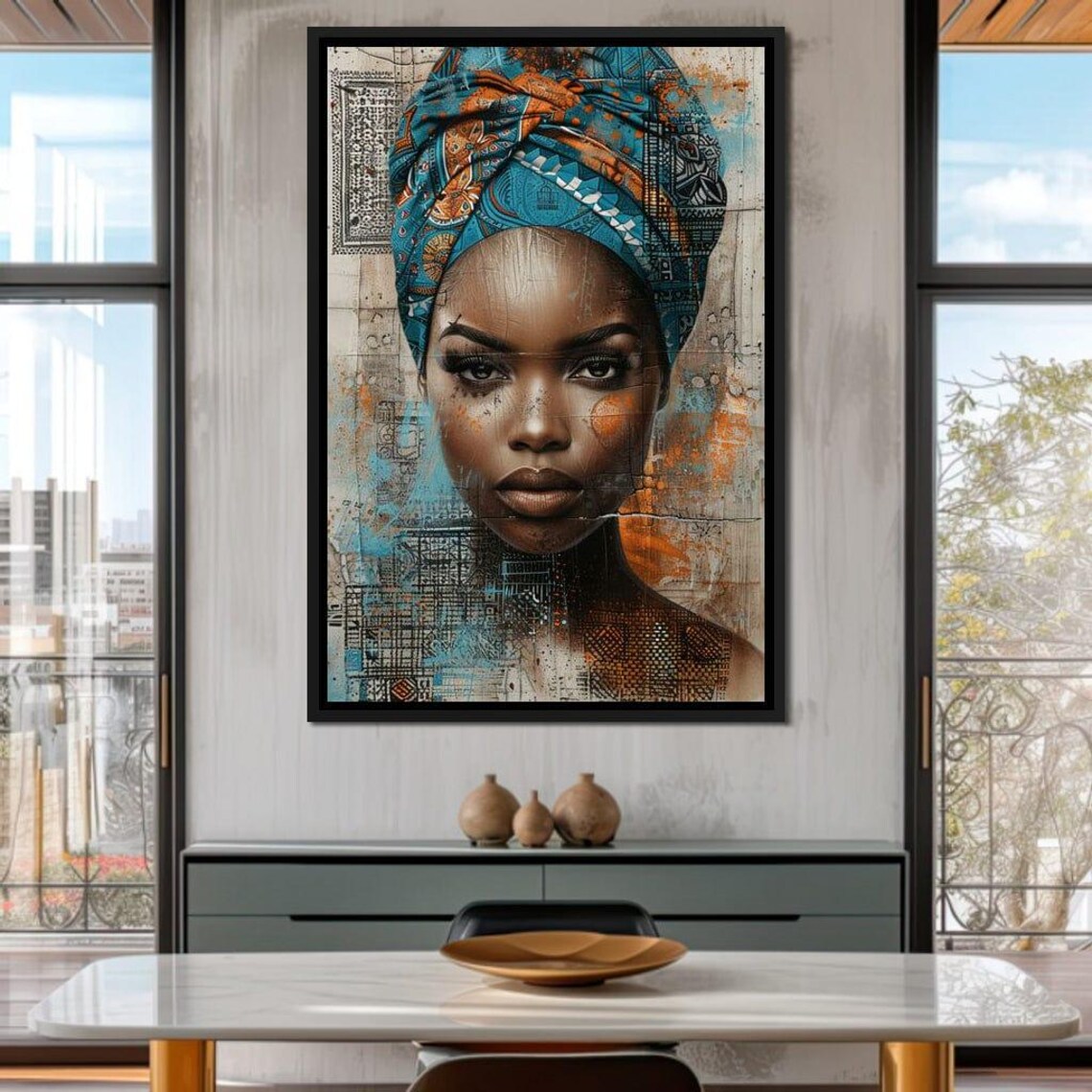 African Woman Blue Orange Headwrap Mixed Media Portrait Wall Art - Image 4