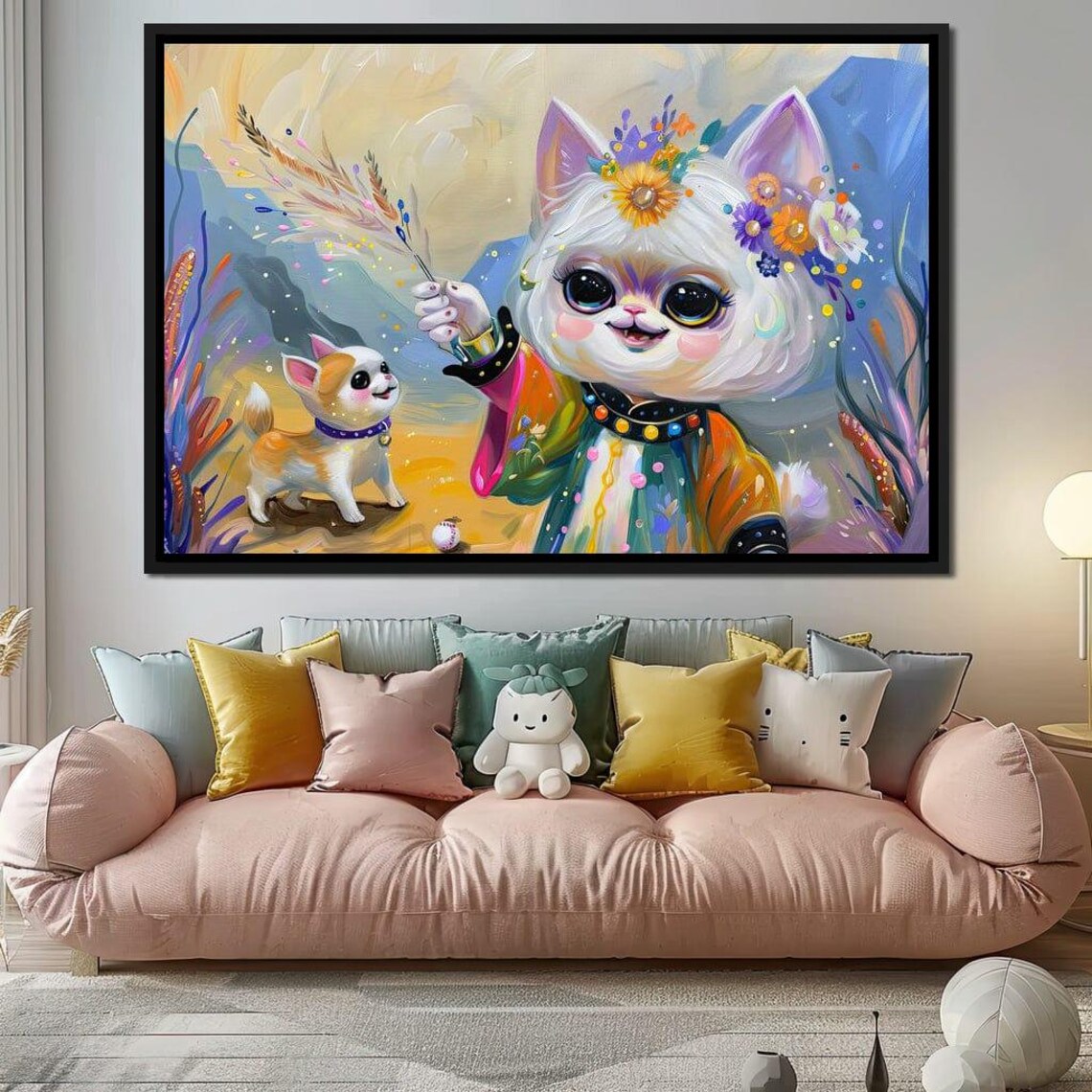 Whimsical Wizard Cat With Puppy Pal Colorful Fantasy Kids Wall Art - Image 4