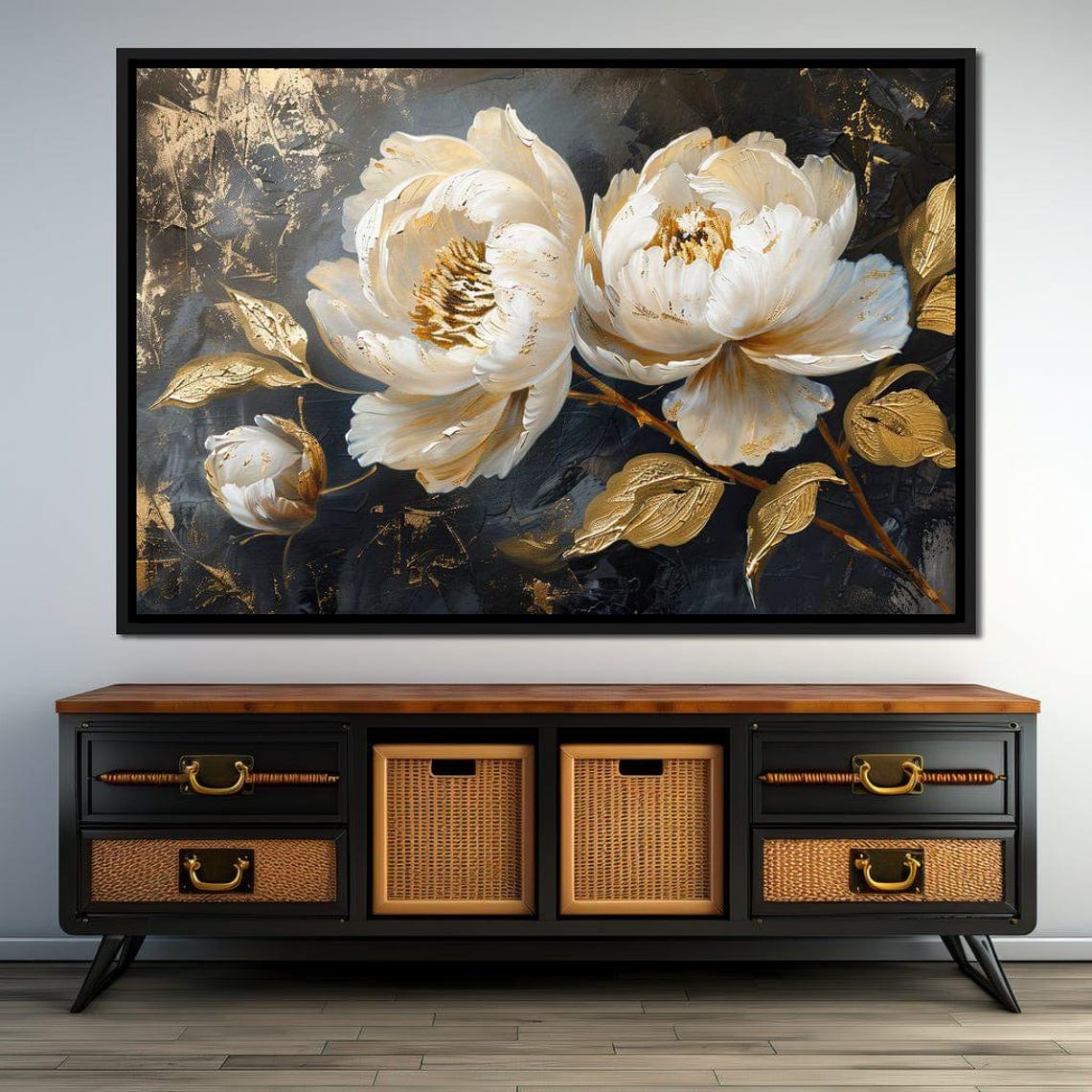 White Peony Blossoms Gold Leaf Midnight Botanical Wall Art Poster