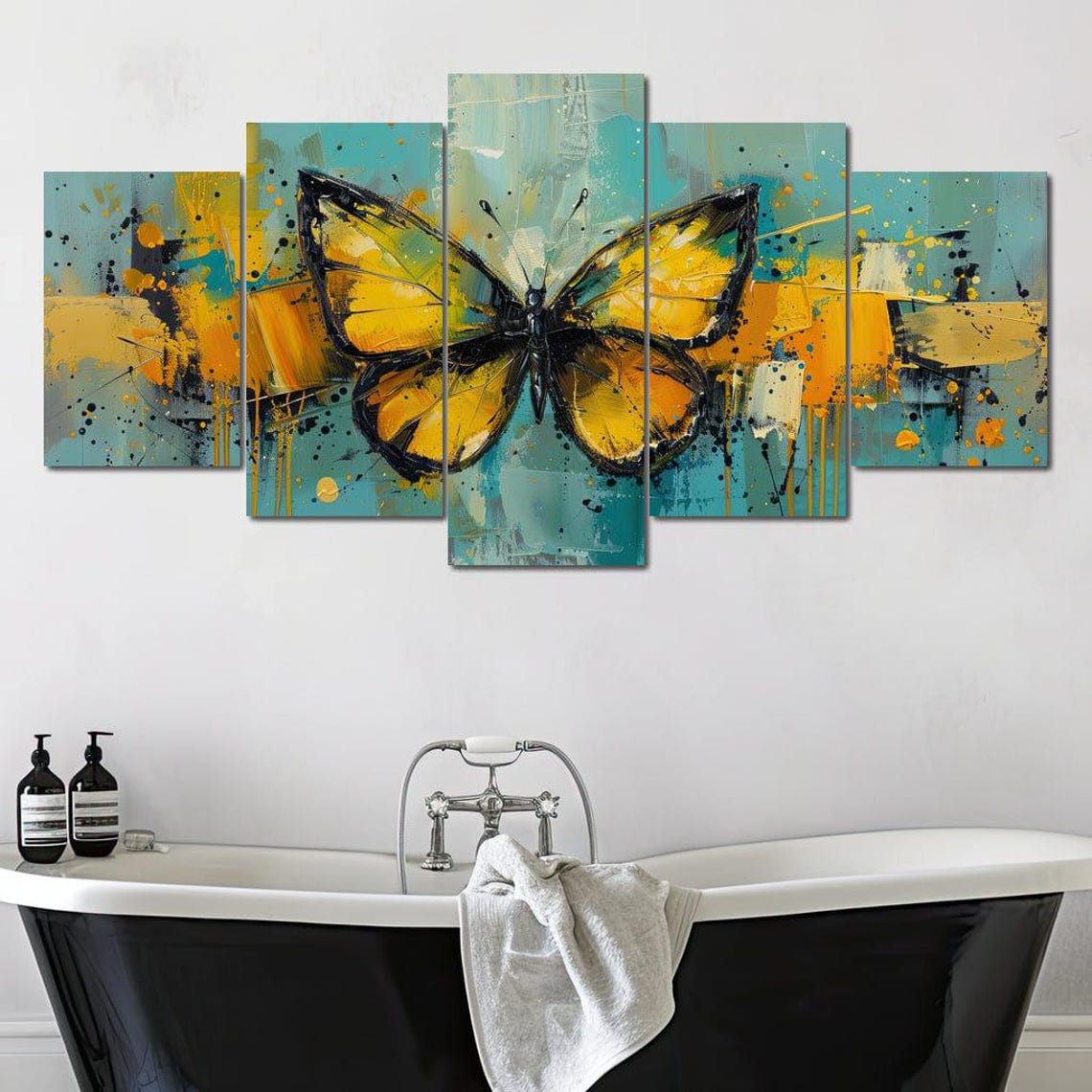 Golden Yellow Butterfly Abstract Teal Splash Five Panel Canvas Poster - Image 2