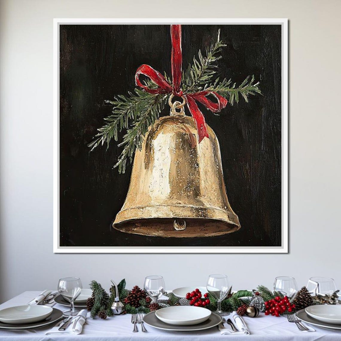 Golden Christmas Bell With Red Ribbon Pine Branch Black Poster - Image 3