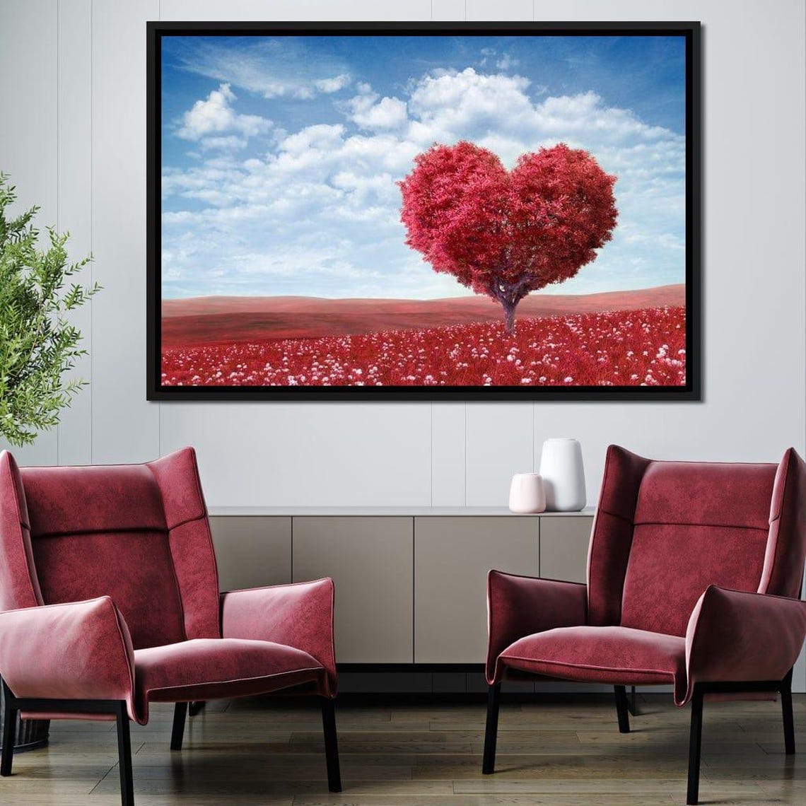 Heart Shaped Red Tree Love Field Flowers Romantic Whimsical Art Poster