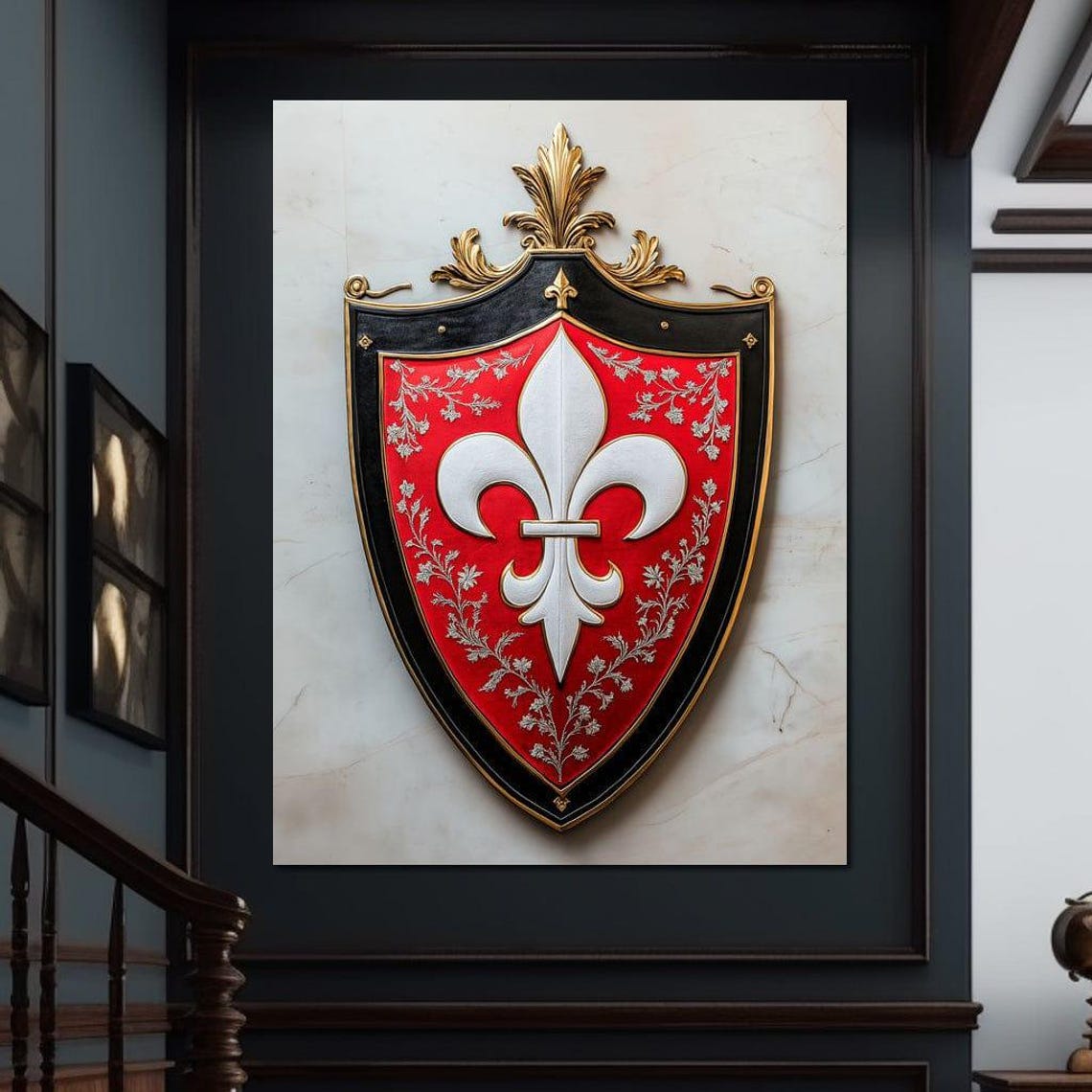 Red Shield with White Fleur De Lys on Black Marble Wall Poster - Image 2