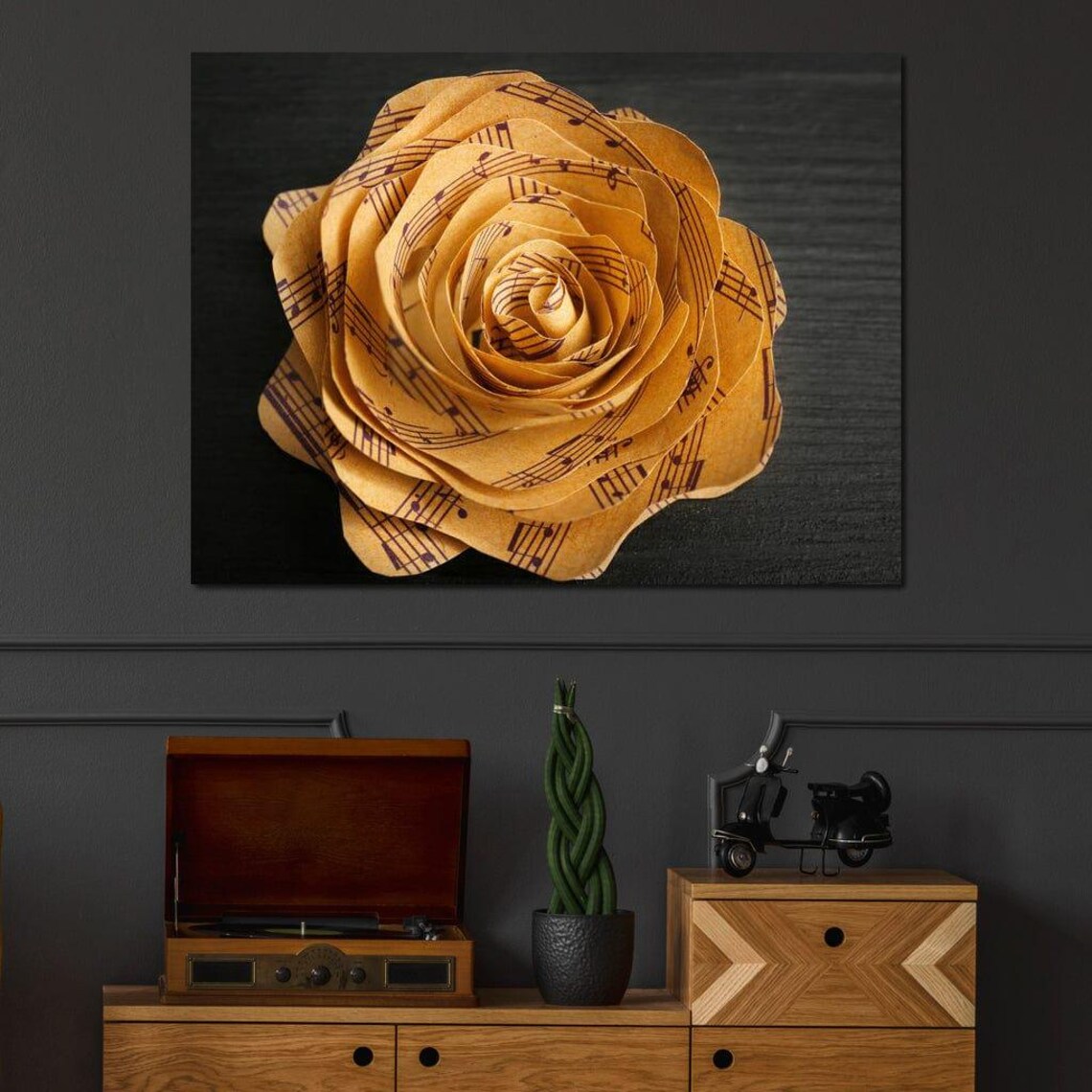 Sheet Music Paper Rose Black Background Musical Flower Art Poster - Image 4