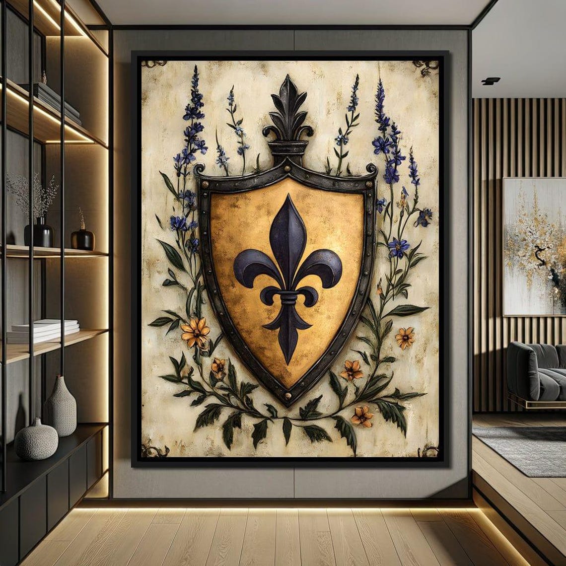 Vintage Fleur De Lys Shield with Gold and Botanical Branches Poster