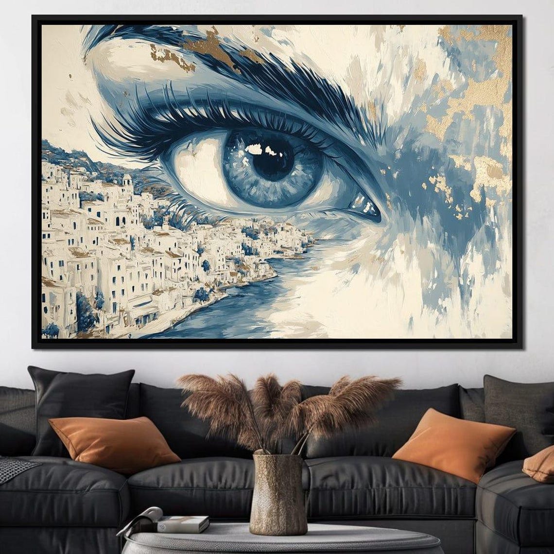 Blue Eye Over Santorini Whitewashed Town Aegean Surreal Wall Art - Image 3