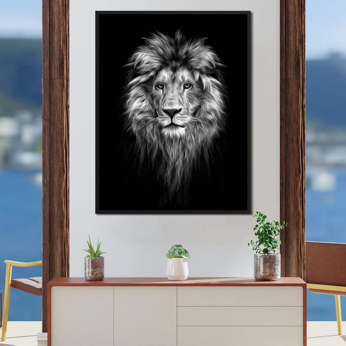 Black and White Lion Face Portrait Bold Monochrome Majestic Cat Poster - Image 3