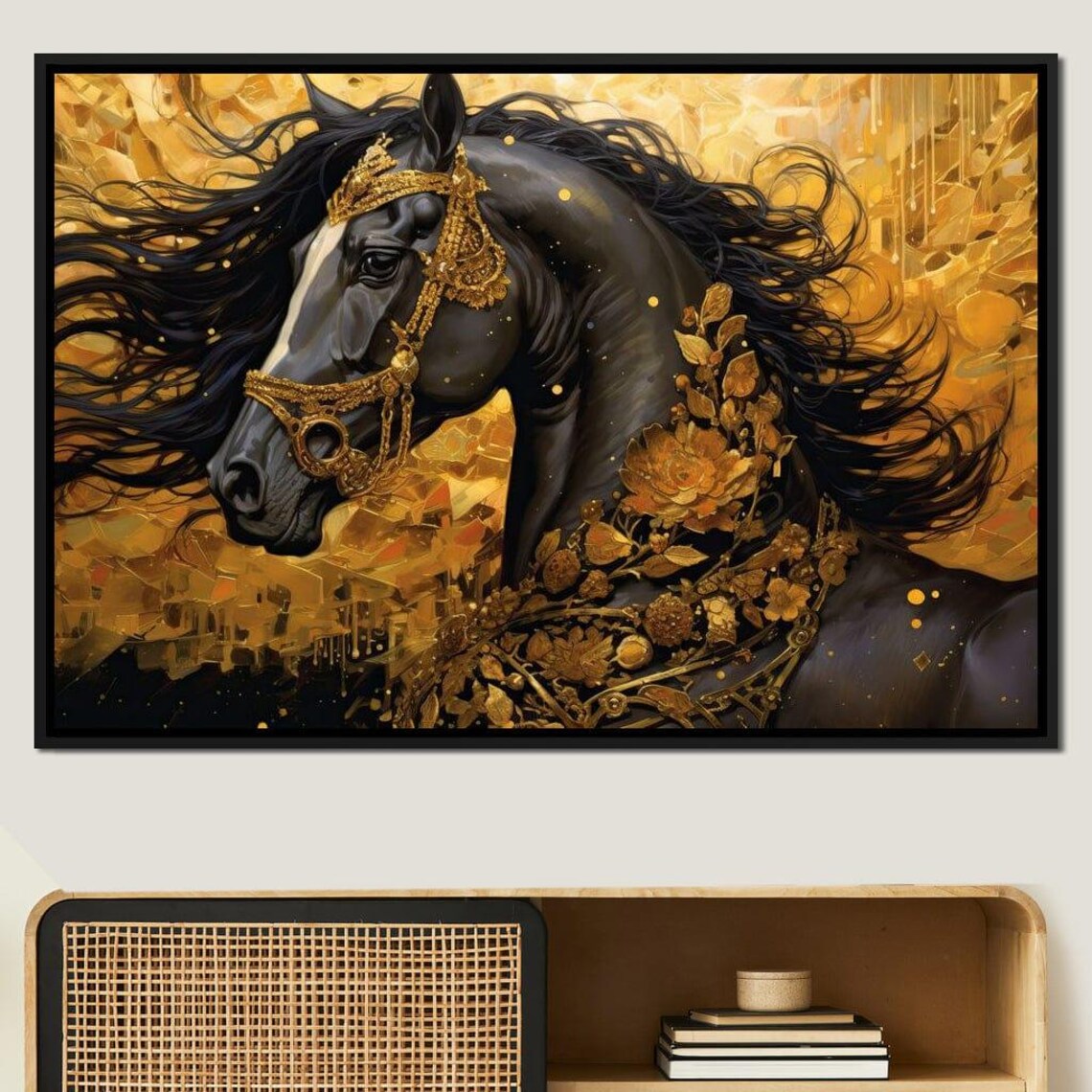 Black Horse Golden Bridle Floral Luxury Equine Portrait Wall Poster - Image 2