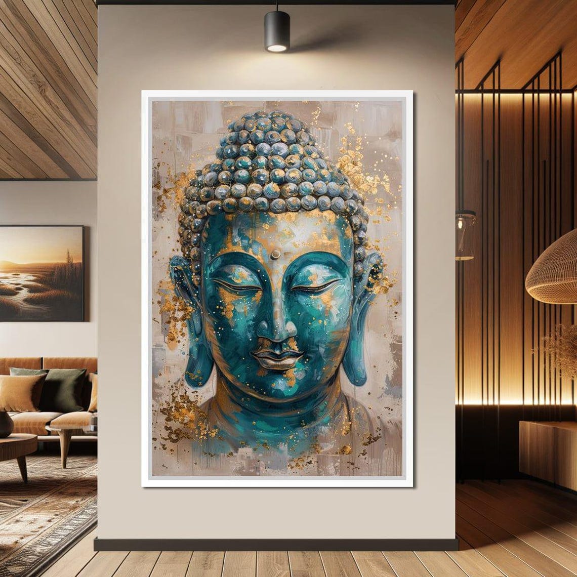 Teal Blue Buddha Face Gold Leaf Calm Meditation Zen Wall Art Poster