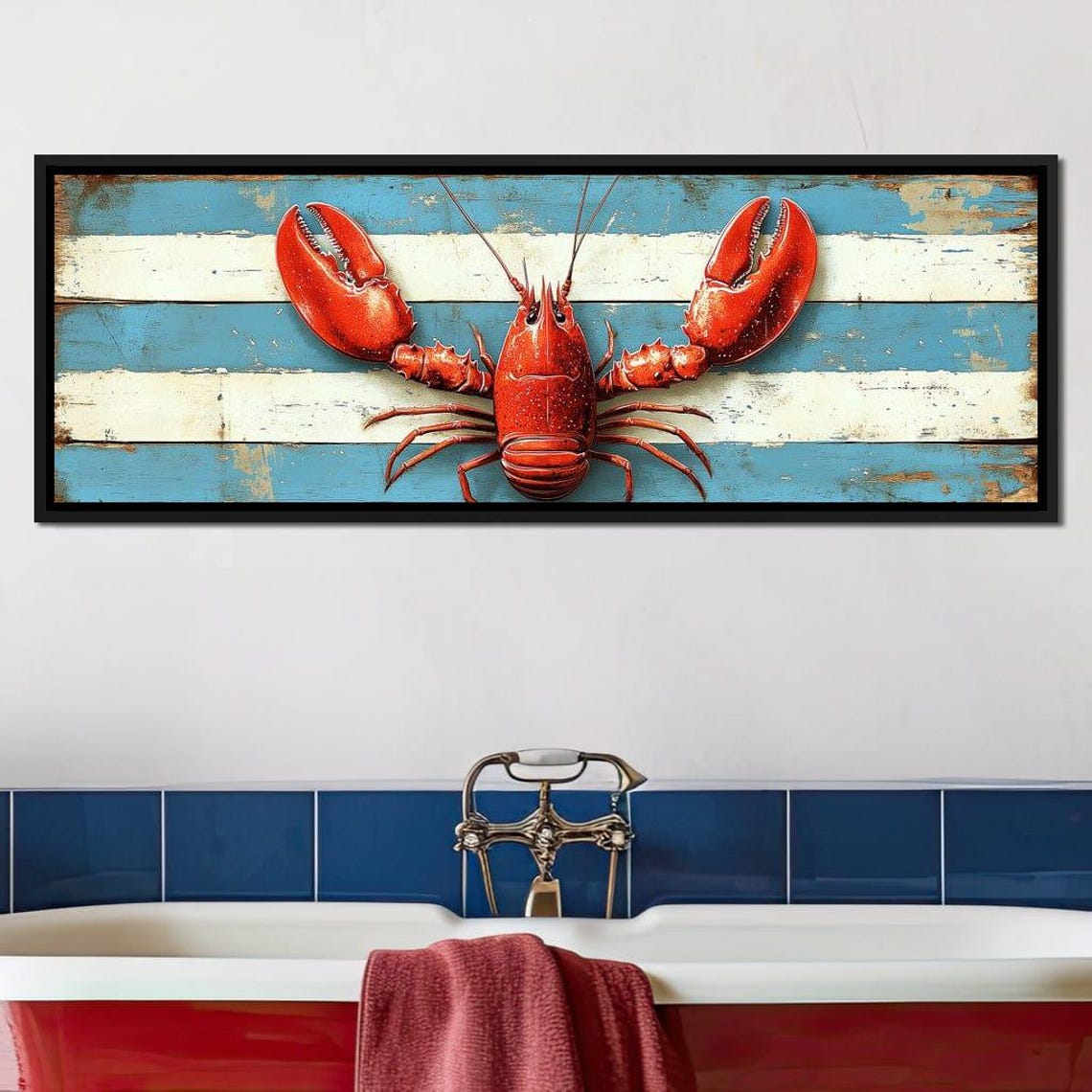 Red Lobster Blue White Striped Coastal Nautical Kitchen Wall Art