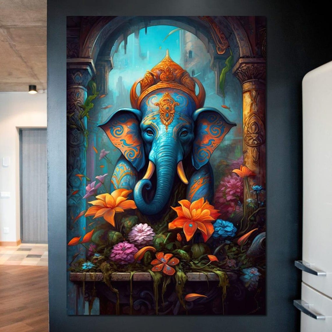 Ganesha Blue Elephant God Temple Arch Orange Bloom Spiritual Wall Art - Image 4