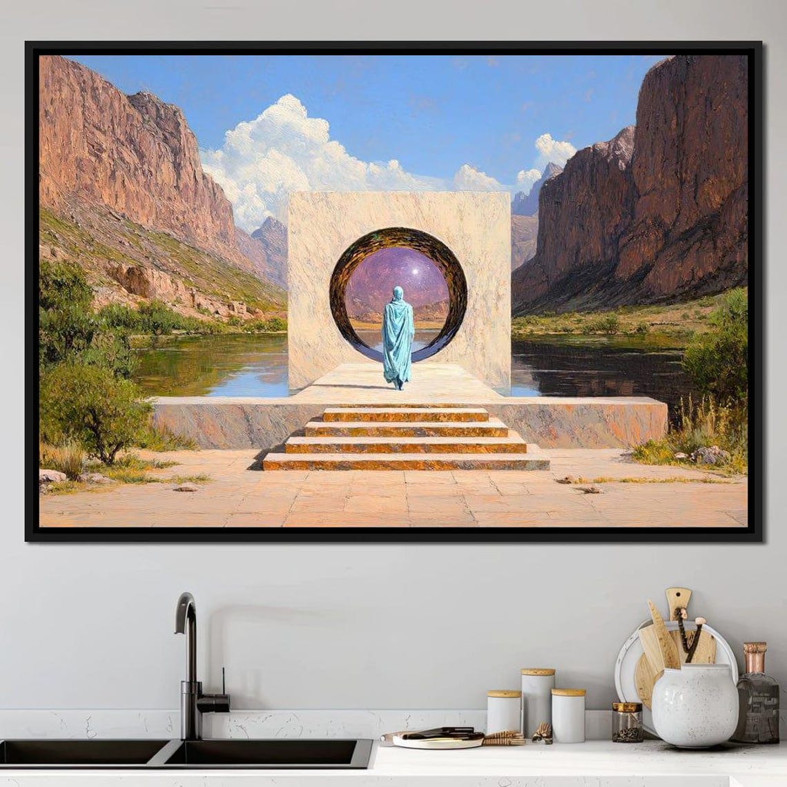 Stone Portal Desert Canyon River Robed Figure Surreal Journey Poster - Image 2