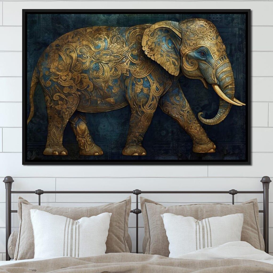 Majestic Gilded Filigree Elephant Ornate Gold Teal Wildlife Wall Art - Image 3