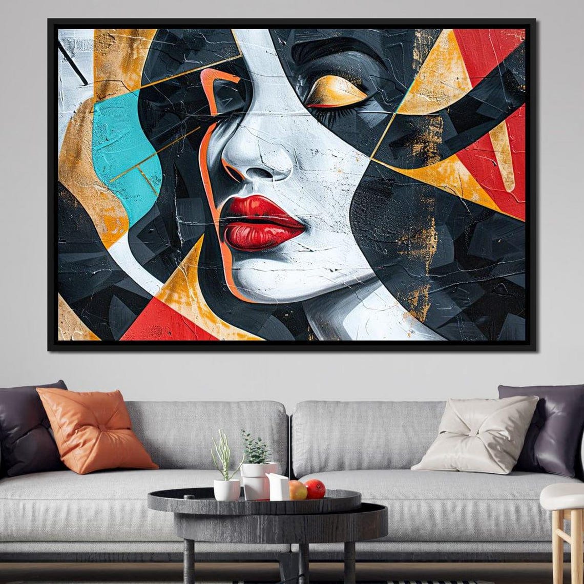 Cubist Muse Geometric Female Face With Red Lips Modern Art Poster - Image 4