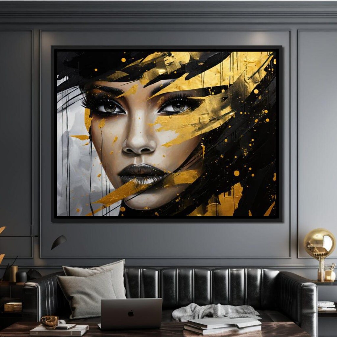 Black Gold Urban Chic Woman Paint Splatter Face Dramatic Art Print