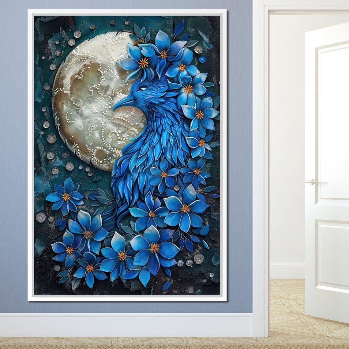 Blue Bird Moonlit Blossoms Night Full Moon Floral Celestial Poster - Image 4