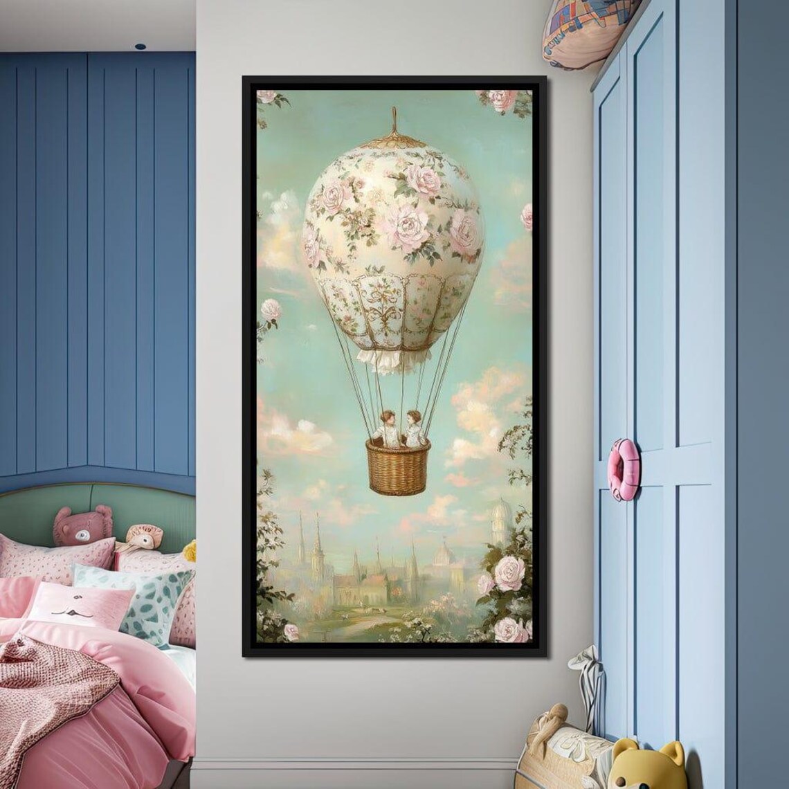 Vintage Rose Hot Air Balloon Children Dreamy European Sky Wall Art - Image 2